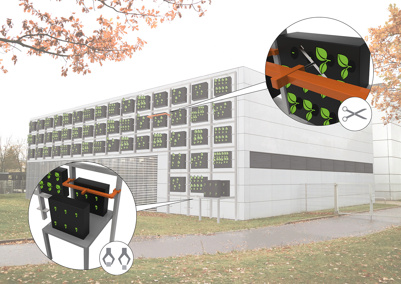 Das modulare Konzept der automatisierten Fassadenbegrünung, bestehend aus Modulen und Pflanzen-Submodulen, ermöglicht es dem Green Wall Robot, sämtliche Arbeiten zu übernehmen, beispielsweise Pick&Place-Aufgaben oder den gezielten Pflanzenschnitt. (Bild: Fraunhofer-Institut f. Arbeitswirtschaft)