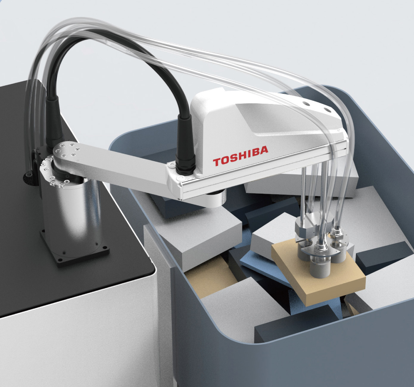 Der Kommisionierroboter von Toshiba kann u.a. flache Briefumschläge und Pakete mit schneller Geschwindigkeit greifen und positionieren. (Bild: Toshiba Europe GmbH)
