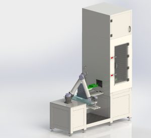 Anlage aus Roboterarm und Prüfzelle vorgestellt am Productronica-Messestand. (Bild: Engmatec GmbH)