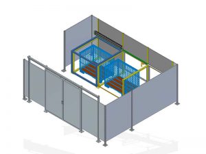 Das 3D-Modell zeigt eine Roboterzelle mit drei Kammern, integriert in einen rundum abschirmenden Sicherheitszaun. (Bild: SMM Stahl- und Maschinenbau GmbH)