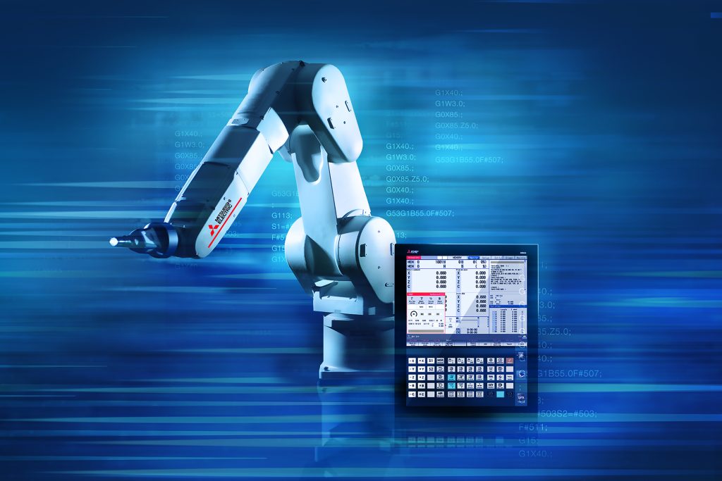 Mit der Steuerung Direct Robot Control von Mitsubishi Electric kann ein Roboter per G-Code direkt im CNC-Bearbeitungszentrum programmiert werden. (Bild: Mitsubishi Electric Europe B.V.)