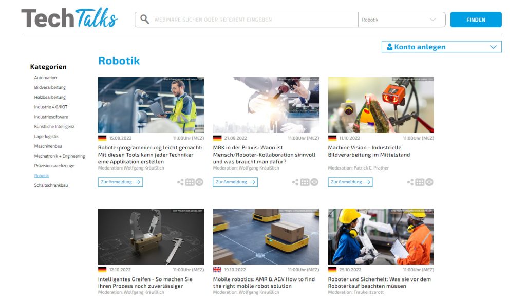 Auf der neuen Plattform Open Webinar World erfolgt die komfortable Anmeldung fÃ¼r die Robotik TechTalks mit nur einem Klick. (Bild: TeDo Verlag GmbH)